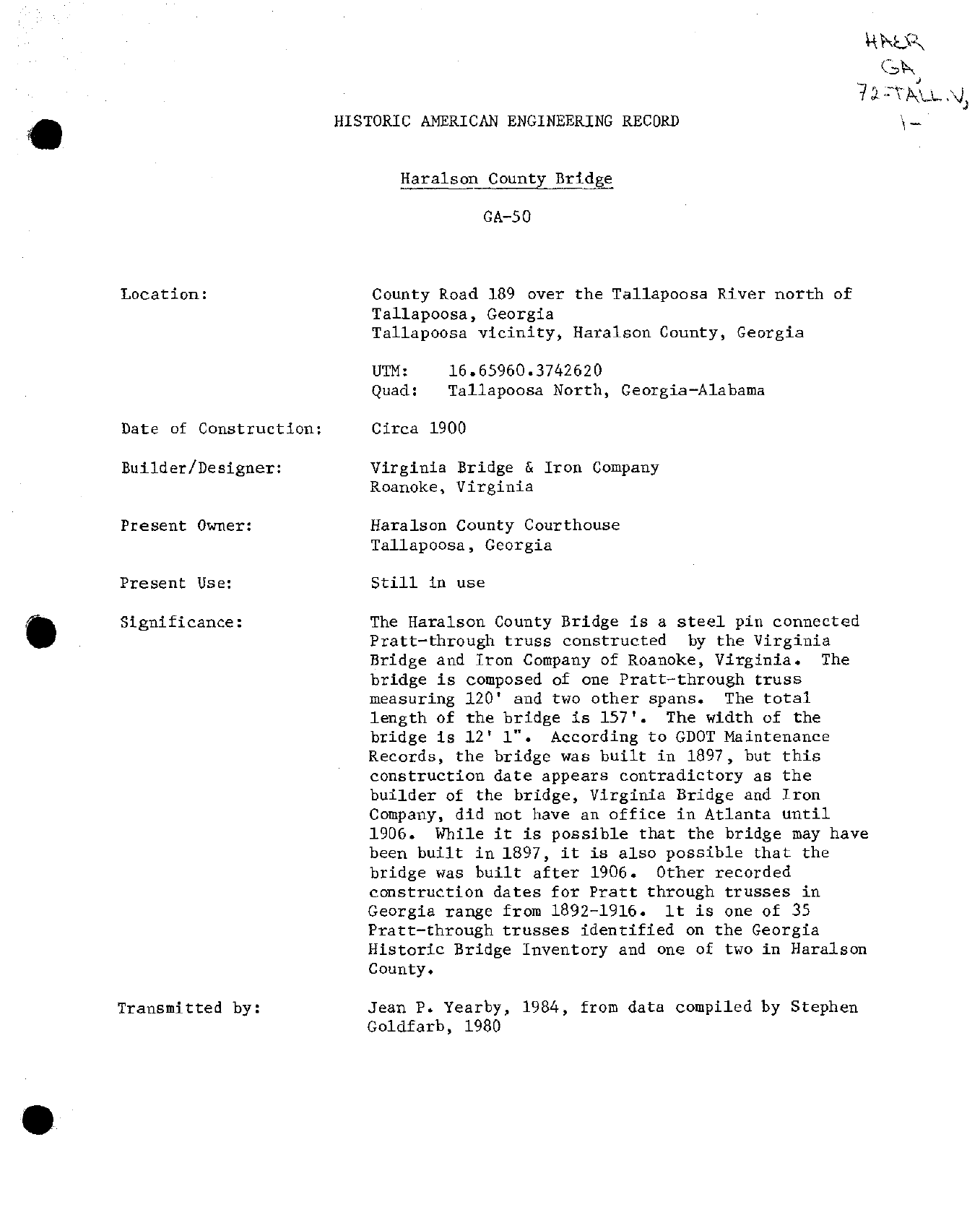HAER GA-50 historical data page, including dimensions, circa 1900 estimate and discussion of the disputed construction date.