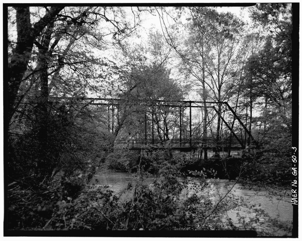 Side view of the Haralson County steel truss bridge across the Tallapoosa River, April 1982.