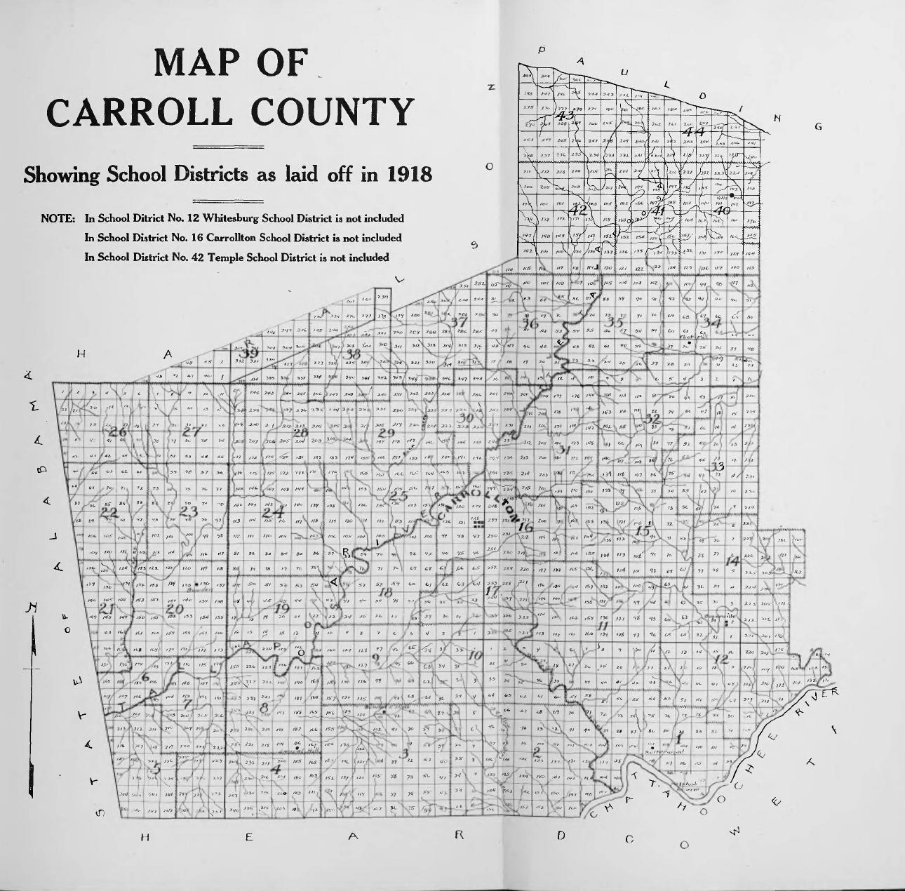 Original 1918 Carroll County school district map, with numbered districts, land lots and separate local school systems.